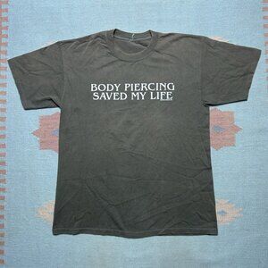 Vintage 90s graphic t shirt body piercing saved my life Jesus double sided L/XL